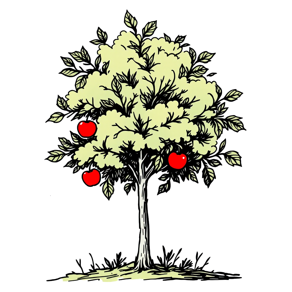 Hand-drawn apple tree bearing ripe red apples, the emblem of The Giving AI
